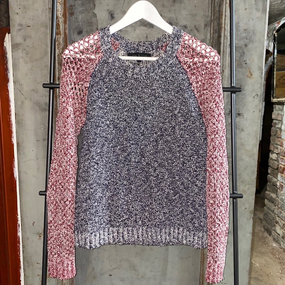 Rag & Bone Navy Red Knit Woven Eyelet Sweater